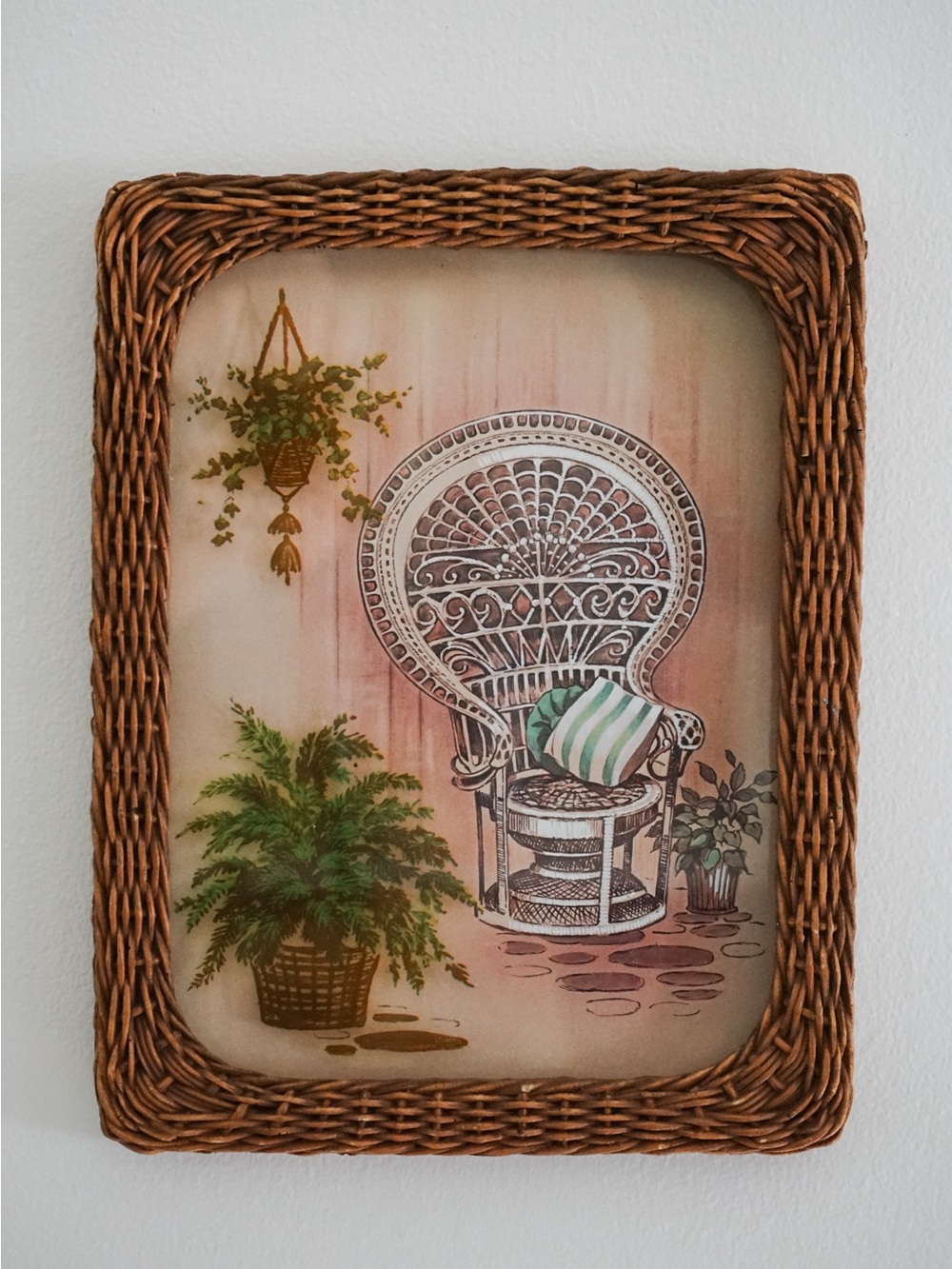 Vintage 70s Reverse Painted Peacock Chair Print • Boho Frame